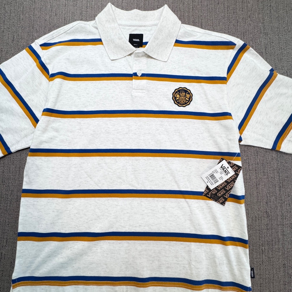 Vans Sealed SS Knit Polo Shirt Striped Loose Fit Crest Patch Oatmeal Small NEW